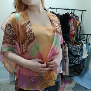 Vintage Y2K whimsical boho chic sheer patterned multicolor kimono blouse, size S